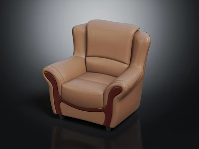 Modern Brown Leather Armchair With Dark Wooden Accents And Comfortable Upholstered Design 3d model
