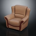 Modern Brown Leather Armchair With Dark Wooden Accents And Comfortable Upholstered Design