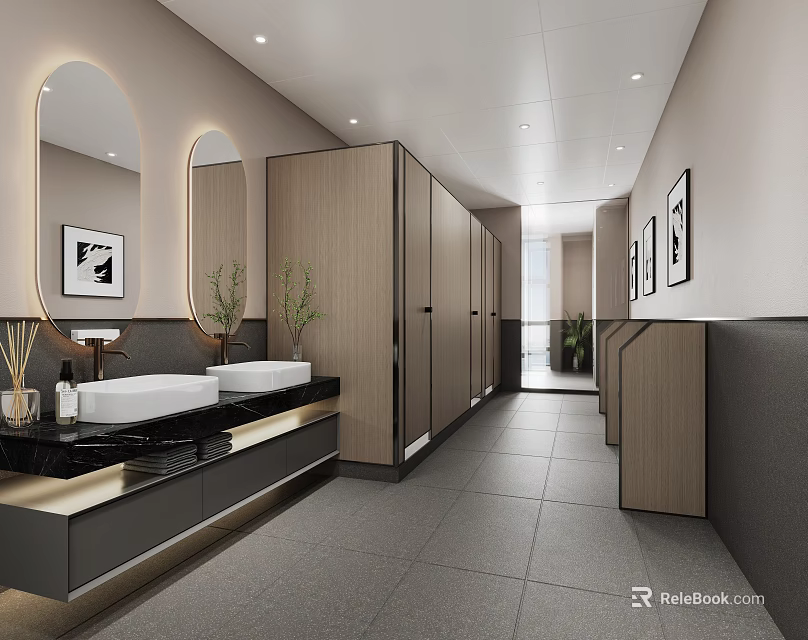 Modern Bathroom Design With Sinks Mirrors Stalls Plants Wall Art Gray Tiles And Light Cabinets 3d model 