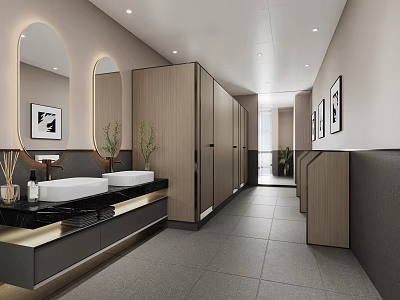 Modern Bathroom Design With Sinks Mirrors Stalls Plants Wall Art Gray Tiles And Light Cabinets 3d model