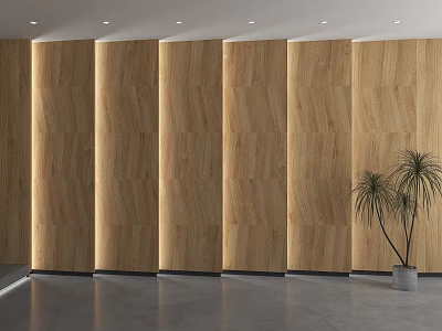 Modern Wooden Wall Interior Design With Palm Plant And Gray Floor 3d model