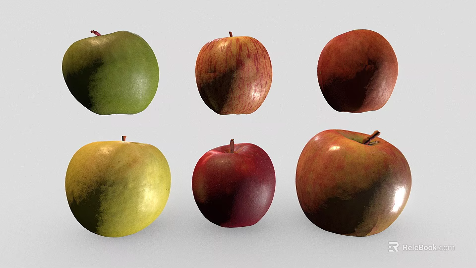 Colorful Fresh Apples in Various Colors Green Red Yellow and Mixed Tones 3d model 