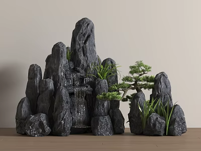 Natural Rockery Stones Arrangement With Small Pine Tree And Green Grass 3d model