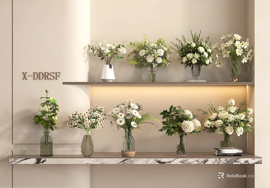 White Flowers in Various Decorative Vases Displayed on Shelves with Marble Countertop and Lighting 3d model 
