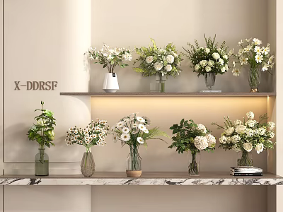 White Flowers in Various Decorative Vases Displayed on Shelves with Marble Countertop and Lighting 3d model