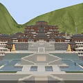 Traditional Ancient Architecture Complex with Mountain Surroundings and Terraced Water Pools in Classical Design