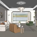 Beige Paneled Living Room Interior With Chandelier Framed Artworks Sofa And Rug