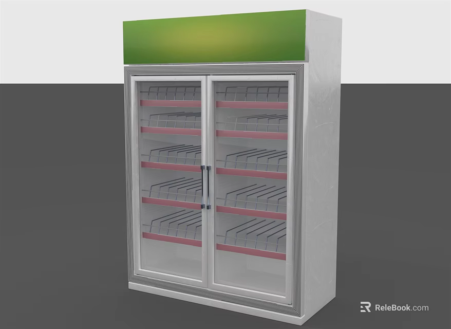 Double Door Glass Display Freezer With Green Top And Multi Layer Shelves 3d model 