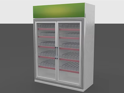 Double Door Glass Display Freezer With Green Top And Multi Layer Shelves 3d model