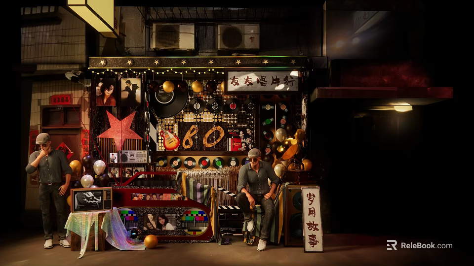 Nostalgic Retro Store Display With Movie Props Vintage Decorations And Balloons 3d model 