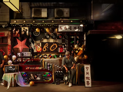 Nostalgic Retro Store Display With Movie Props Vintage Decorations And Balloons 3d model