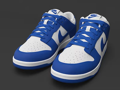 Blue and White Low Top Sneakers With White Laces And Logo On Upper 3d model