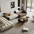 Modern Living Room Sofa Coffee Table Set With Plush Cushions And Round Wooden Table