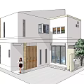 Modern Two Story White House Exterior With Trees Plants And Windows Design