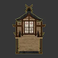 Cartoon Scene Featuring Traditional Japanese Wooden Building With Black Roof Stairs And Red Window Decorations