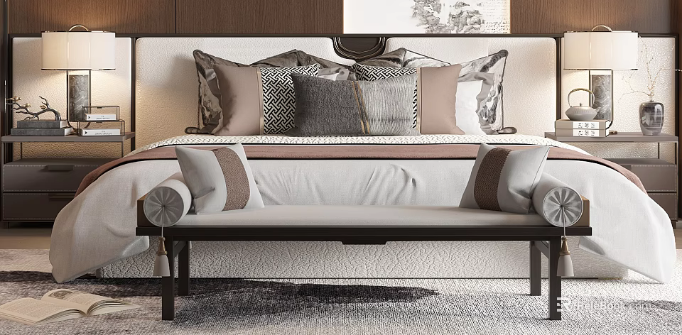 Double Bed With Upholstered Headboard Multiple Pillows And Bed Bench In Modern Bedroom 3d model