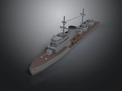 Detailed Military Warship Model With Gray White Hull Red Bow And Masts 3d model