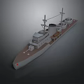 Detailed Military Warship Model With Gray White Hull Red Bow And Masts