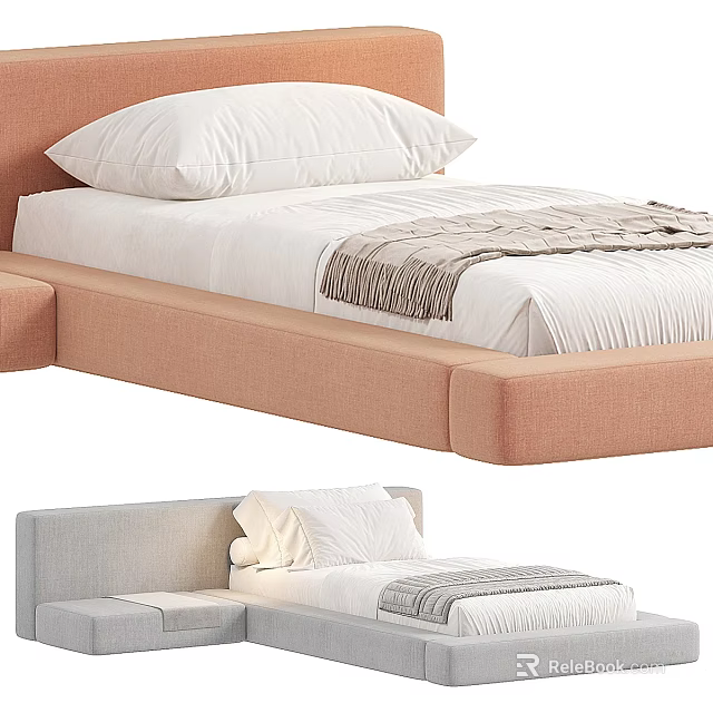 Modern Double Bed With Light Pink Upholstered Frame White Linens And Gray Throw Blanket 3d model 