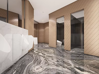 Modern Public Restroom Design With Marble Floor White Washbasins and Stalls 3d model