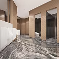 Modern Public Restroom Design With Marble Floor White Washbasins and Stalls