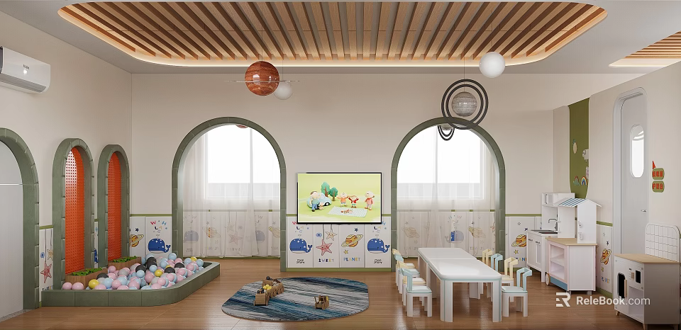 Bright Kindergarten Classroom Interior With Ball Pit And Cartoon Wall Art 3d model 
