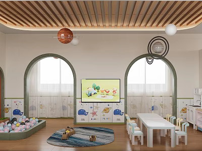 Bright Kindergarten Classroom Interior With Ball Pit And Cartoon Wall Art 3d model