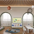 Bright Kindergarten Classroom Interior With Ball Pit And Cartoon Wall Art