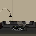 Modern Black Leather Sofa Coffee Table Set With Marble Top Floor Lamp And Throw Pillows