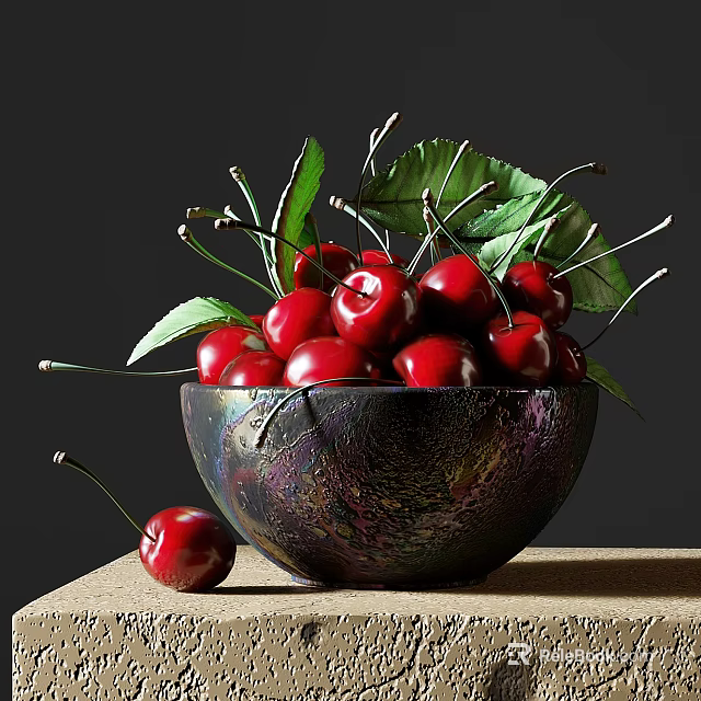 Fresh Red Cherries in Dark Shiny Bowl with Green Leaves and Single Cherry on Table 3d model 