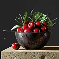 Fresh Red Cherries in Dark Shiny Bowl with Green Leaves and Single Cherry on Table