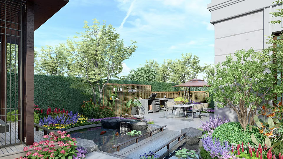 Serene Courtyard Garden With Koi Pond Lush Flowers Outdoor Grill And Wooden Deck 3d model 