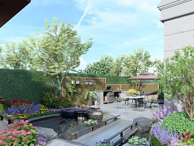 Serene Courtyard Garden With Koi Pond Lush Flowers Outdoor Grill And Wooden Deck 3d model