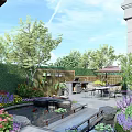 Serene Courtyard Garden With Koi Pond Lush Flowers Outdoor Grill And Wooden Deck
