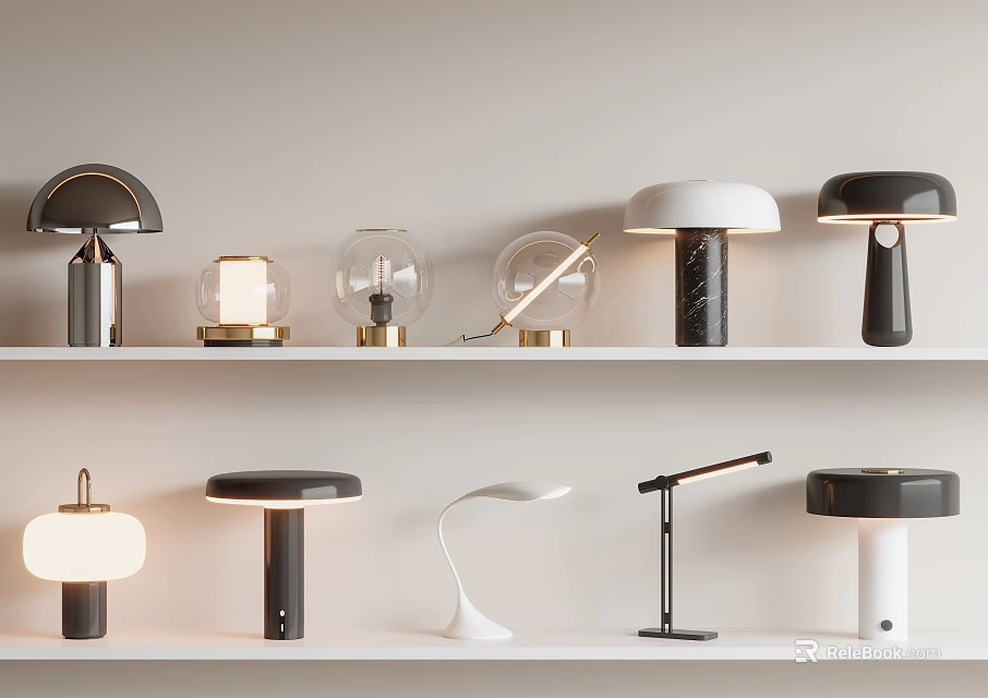 Various Modern Table Lamps Displayed On Shelves With Different Designs And Styles 3d model 