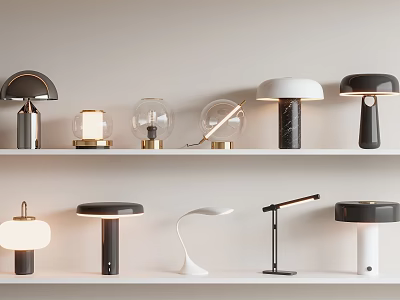 Various Modern Table Lamps Displayed On Shelves With Different Designs And Styles 3d model