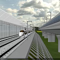 Transparent Safety Fence Along High Speed Railway Track With Solar Panels And Street Lamps