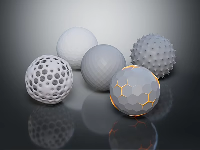 Different Textured Spheres With Holes Bumps Hexagonal Patterns And Orange Accents On Gray Background 3d model