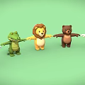Playful Row of Colorful Cartoon Animals Holding Hands On Green Background