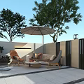 Serene Garden Landscape with Patio Trees Water Fountain Seating Grill Area and Lush Green Plants