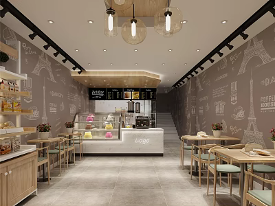 Modern Dessert Shop Interior With Eiffel Tower Murals Dessert Display Counter And Wooden Tables 3d model