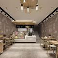 Modern Dessert Shop Interior With Eiffel Tower Murals Dessert Display Counter And Wooden Tables