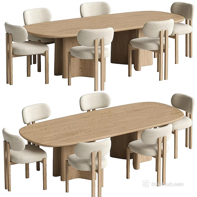 Modern Wooden Oval Dining Table and Chairs Set with Light Upholstered Backrest and Wooden Legs 3d model 