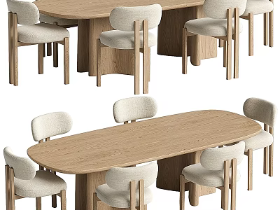 Modern Wooden Oval Dining Table and Chairs Set with Light Upholstered Backrest and Wooden Legs 3d model