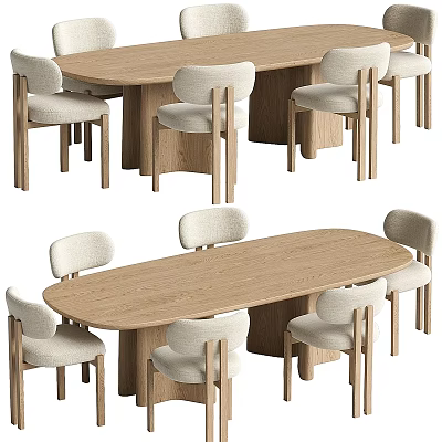 Modern Wooden Oval Dining Table and Chairs Set with Light Upholstered Backrest and Wooden Legs 3d model