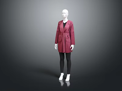 Red Belted Mid Length Coat On Mannequin With Black Top And White Shoes 3d model