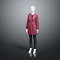 Red Belted Mid Length Coat On Mannequin With Black Top And White Shoes