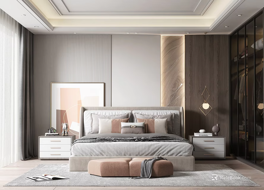 Modern Bedroom Interior Design With Bed Pillows Bedside Tables Ottoman Rug And Wardrobe 3d model 