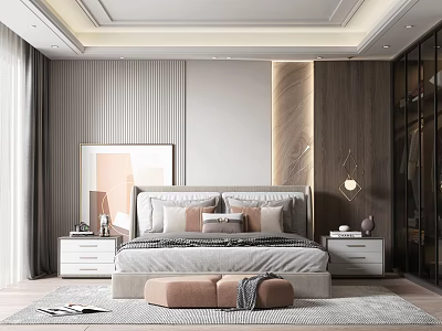 Modern Bedroom Interior Design With Bed Pillows Bedside Tables Ottoman Rug And Wardrobe 3d model