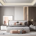 Modern Bedroom Interior Design With Bed Pillows Bedside Tables Ottoman Rug And Wardrobe